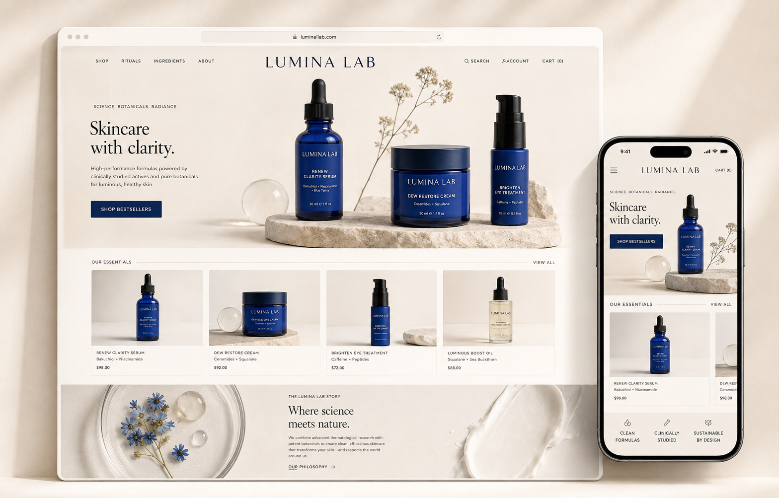 Lumina Lab luxury skincare website concept